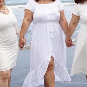 White off the shoulder high low dress